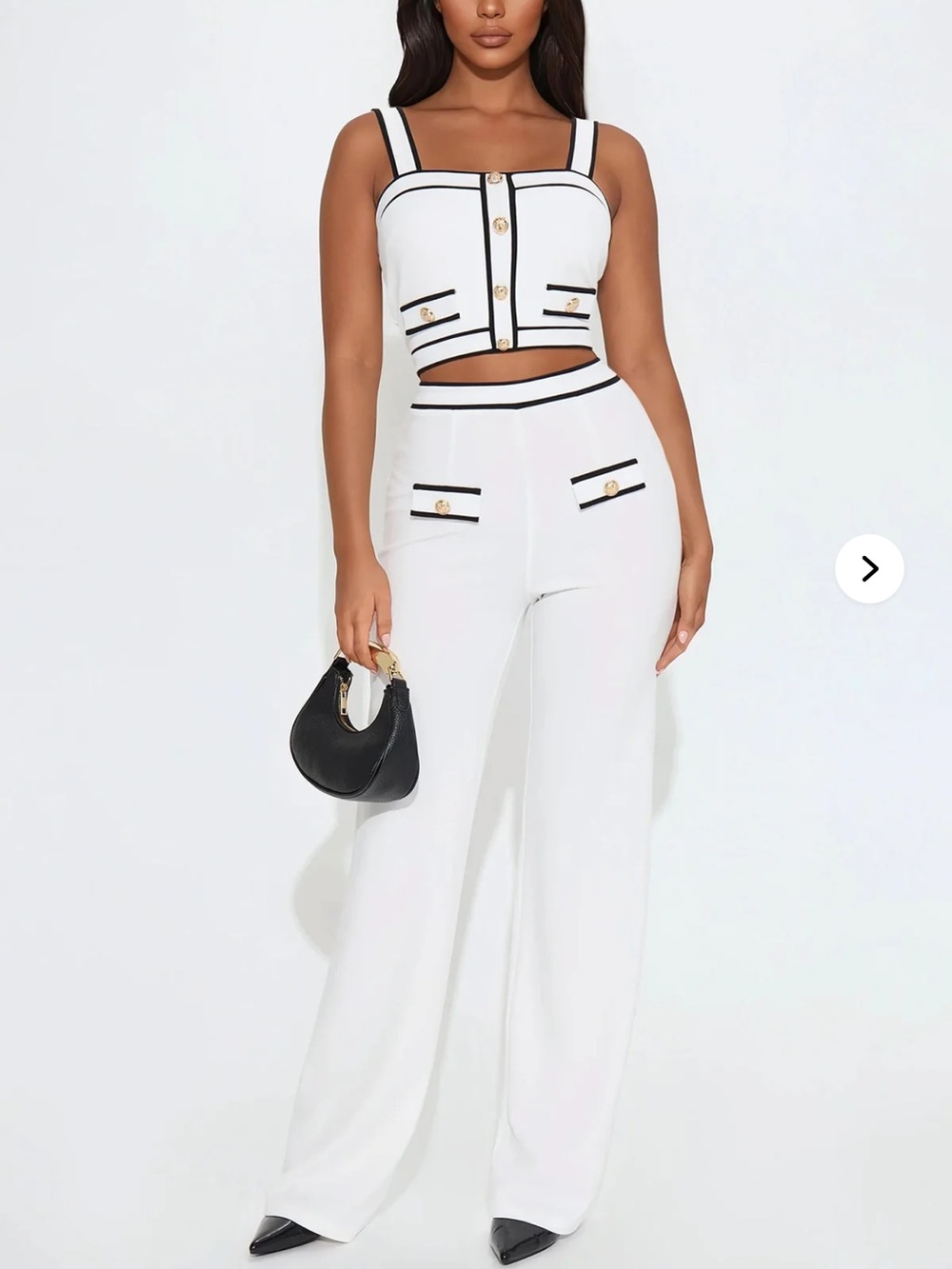 White High-Waist Wide-Leg 2 pièces Pants with Contrast Trim